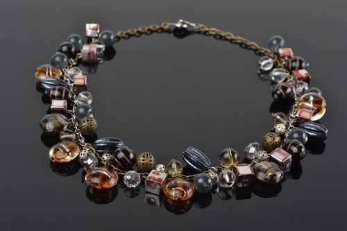 Handmade designer necklace with brown glass beads on metal chain for women - MADEheart.com
