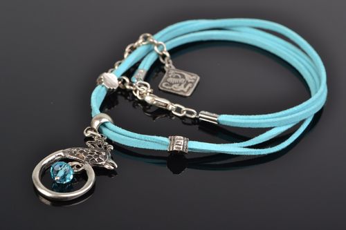 Handmade blue suede cord necklace with hypoallergenic metal charms for women - MADEheart.com