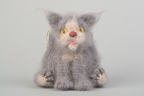 Handmade crocheted wallet purse made of angora threads gray cat for children - MADEheart.com