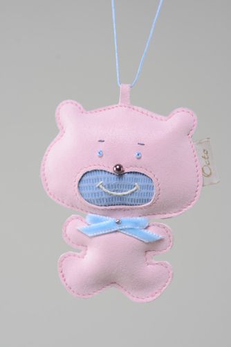 Homemade genuine leather key fob in the shape of cute pink bear charm for bag - MADEheart.com