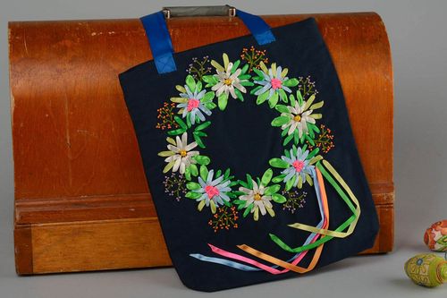 Sac à main en coton Sac fait main bleu avec couronne brodée Cadeau femme - MADEheart.com