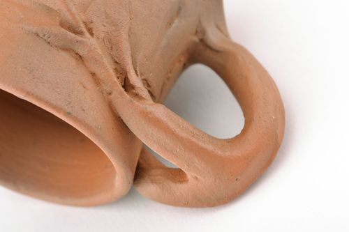 Art 5 oz terracotta color clay cup with handle and molded leaf with handle - MADEheart.com