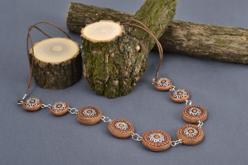 Handmade ceramic bead necklace painted with ornaments in ethnic style for women - MADEheart.com