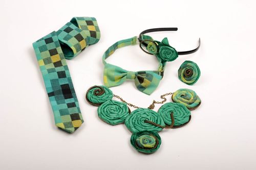 Handmade textile jewelry set hair band bow tie ring and necklace womens tie - MADEheart.com