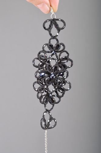 Wide black lacy ankars tatting bracelet woven of satin threads handmade - MADEheart.com