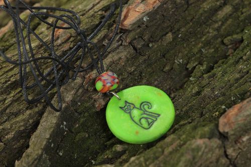 Handmade bright polymer clay pendant Cat unusual accessory on long cord - MADEheart.com