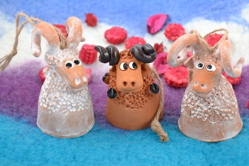 Set of 3 handmade designer ceramic figured bells in the shape of lambs - MADEheart.com