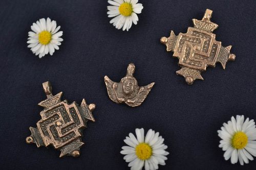Set of 3 handmade small pendants necklaces cast of bronze angel and swastikas   - MADEheart.com