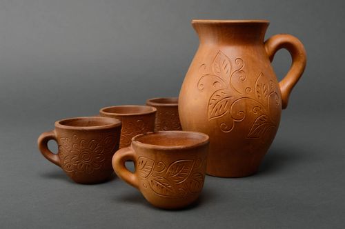 65 oz ceramic terracotta milk pitcher with 4 10 ox cups 4,5 lb - MADEheart.com