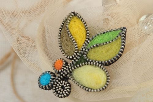 Handmade designer felting wool brooch decorated with zipper multi-colored accessory - MADEheart.com