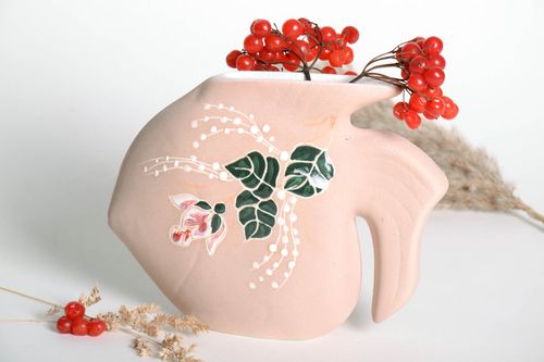 Pink fish shape floral unique handmade ceramic vase 6 inch, 1.5 lb - MADEheart.com