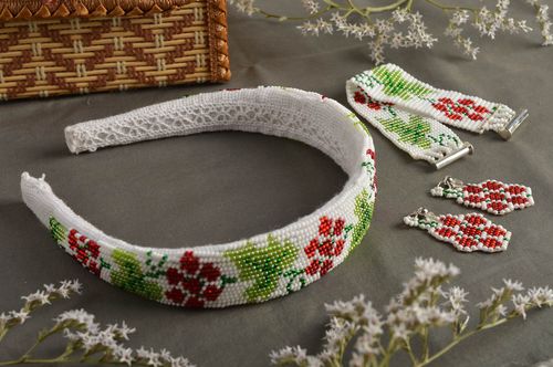 Schmuck Set handgefertigt Rocailles Ohrringe Haar Reif Damen Armband rot weiß - MADEheart.com