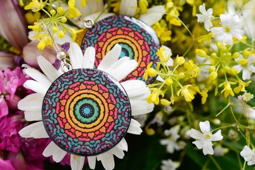 Handmade polymer clay earrings decoupage technique lacquered round shape jewelry - MADEheart.com