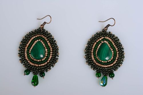 Evening beaded earrings with natural malachite stone green handmade accessory - MADEheart.com