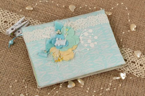 Handmade decorative designer notebook with blue soft fabric cover with flowers - MADEheart.com