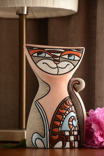 Dekorative Vase aus Ton für Tischdeko mit Bemalung Katze Künstler Handarbeit - MADEheart.com