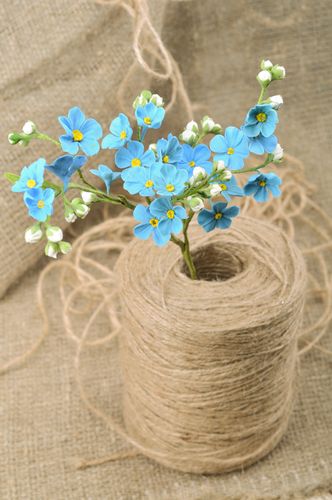 Handmade tender branch of decorative blue flowers molded of polymer clay - MADEheart.com