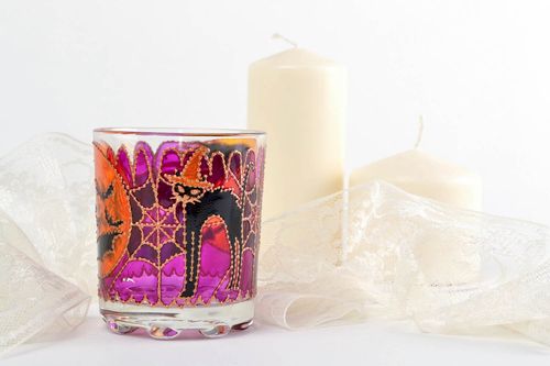 Handmade designer glass candlestick painted with acrylics in violet color shades - MADEheart.com