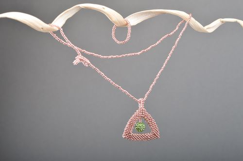 Set of tender pink handmade accessories woven of Japanese beads pendant and ring - MADEheart.com