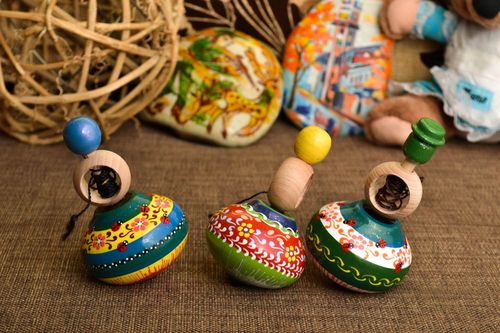 3 wooden toys handmade beech eco friendly material colored spinning tops - MADEheart.com