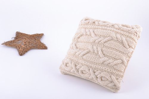 Small beige pillow case knitted of semi-woolen threads with relief ornament - MADEheart.com