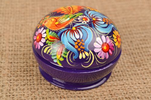Small round handmade wooden jewelry box with traditional Petrikivka painting - MADEheart.com