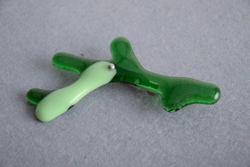 Unusual handmade designer fused glass brooch in the shape of green branch - MADEheart.com