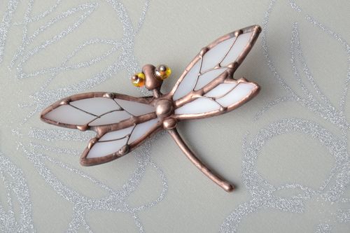 Stained glass brooch in the shape of white dragonfly - MADEheart.com
