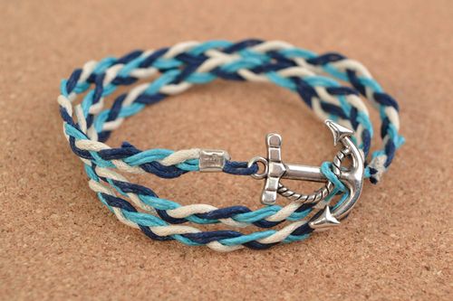 Multi wrap handmade woven waxed cord bracelet with metal anchor charm - MADEheart.com