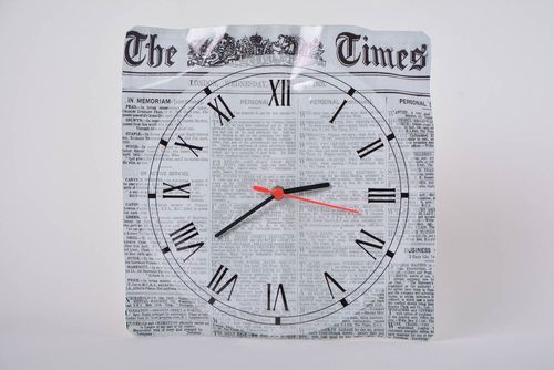 Handmade designer pressed tin wall clock with stylish newspaper pattern - MADEheart.com