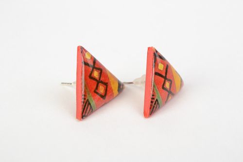 Handmade colorful triangle jewelry glaze stud earrings with ethnic ornaments - MADEheart.com