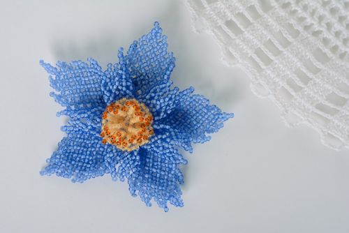 Handmade beautiful brooch woven of beads in the shape of blue flower for women - MADEheart.com