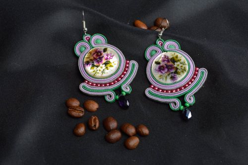 Boucles doreilles soutache vintage faites main en ruban et nacre Fleurs - MADEheart.com