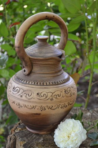 Jarra de arcilla hecha a mano con asa original bonita para bebidas 3 l - MADEheart.com