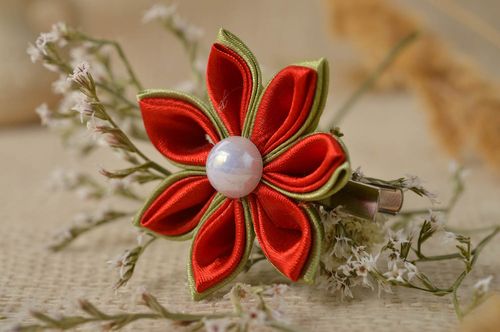 Unusual handmade textile barrette flower hair clip kanzashi flowers gift ideas - MADEheart.com