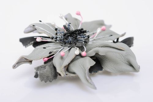 Beautiful stylish large handmade gray leather flower brooch hair clip - MADEheart.com