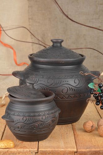 Ton Töpfe Set 2 Stück mit Mustern 500 ml und 4 L handmade Milchbrennen Technik - MADEheart.com