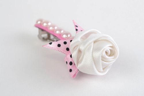 Hairpin made of rep ribbon handmade barrette with white rose present for girl - MADEheart.com