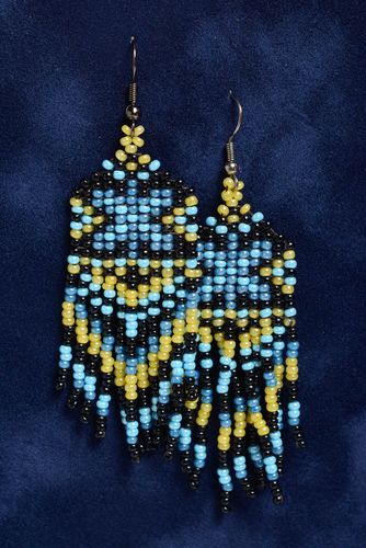 Small handmade designer earrings with beaded fringe and hook ear wires - MADEheart.com