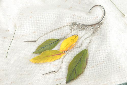 Handmade Ohr Klemme Cuff Ohrring Polymer Clay Schmuck mit Blättern originell - MADEheart.com