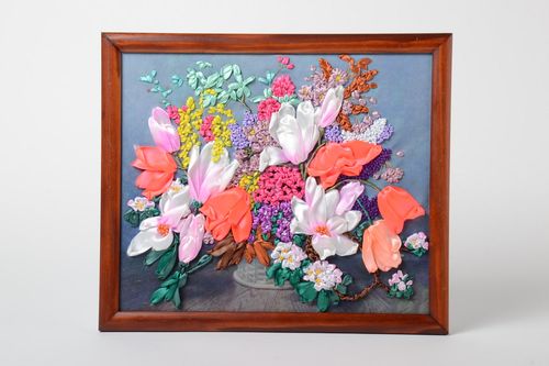 Beautiful handmade satin ribbon embroidery with flowers in wooden frame - MADEheart.com