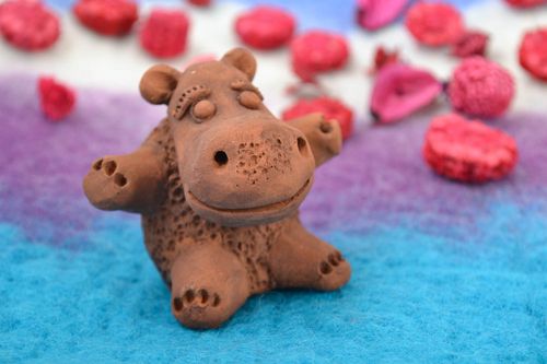 Small handmade collectible painted clay figurine of brown hippo - MADEheart.com