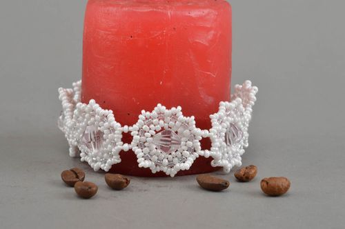 Openwork white bracelet designer unusual jewelry handmade beaded accessory - MADEheart.com