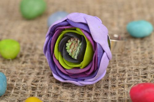 Purple flower ring made of polymer clay unusual handmade summer accessory - MADEheart.com