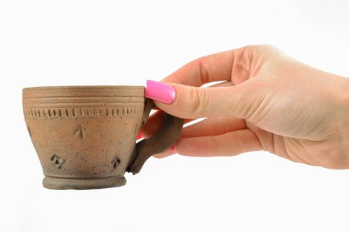 Natural 2 oz clay espresso coffee cup with handle and rustic design - MADEheart.com