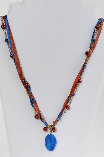 Handmade designer necklace with natural agate on metal chain and satin ribbons - MADEheart.com