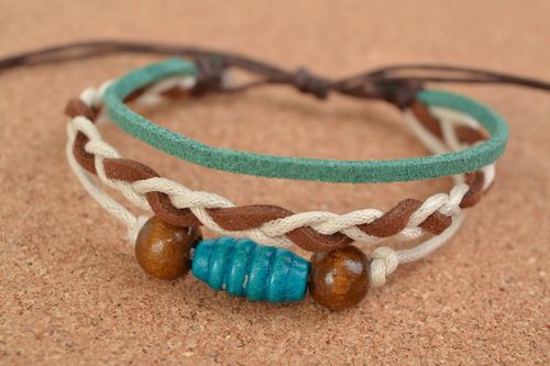 Unusual stylish handmade woven suede bracelet with wooden beads - MADEheart.com
