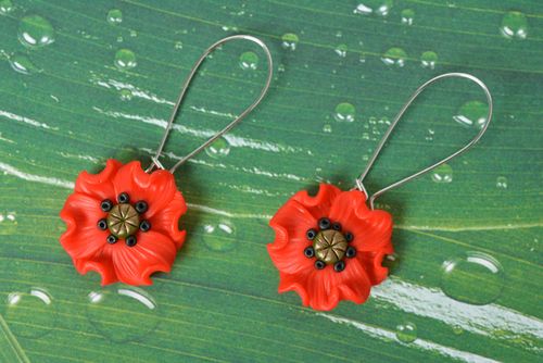 Handmade polymer clay earrings with red poppies designer stylish summer jewelry - MADEheart.com