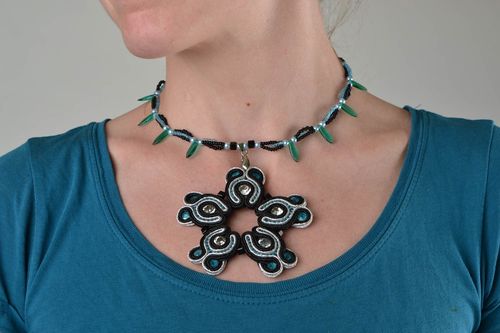 Handmade soutache floral pendant necklace with seed beads and rhinestones - MADEheart.com
