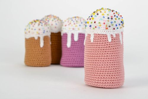 Handmade crochet soft toy in the shape of pink Easter cake decorated with beads - MADEheart.com